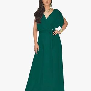 Emerald green formal floor length faux wrap dress
